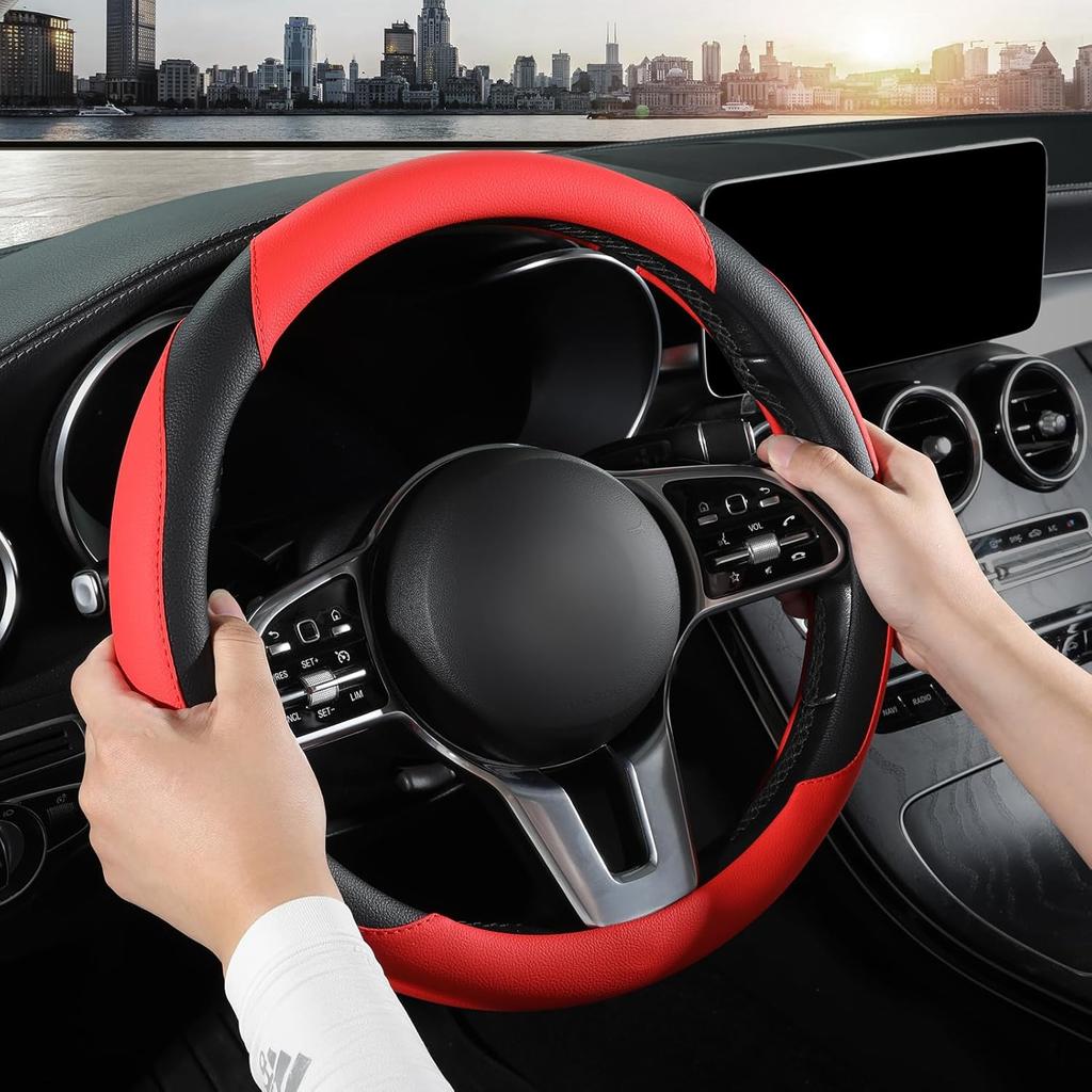 Car Steering Wheel Cover, Microfiber Leather Steering Wheel Cover Red,Universal 15 Inch Anti-Slip Comfortable Steering Wheel Covers Men Women