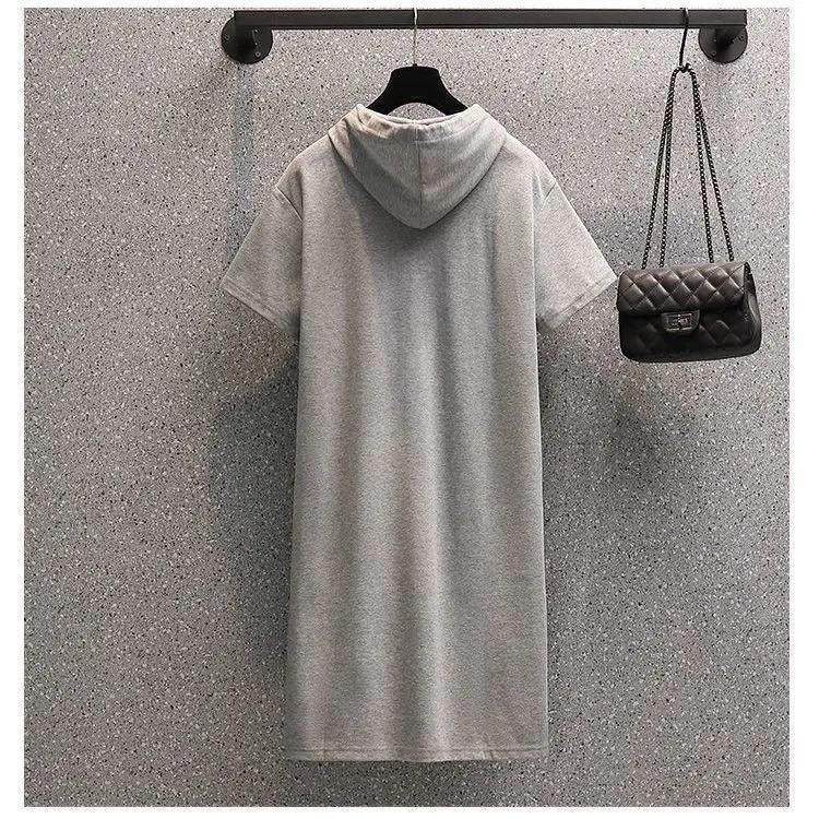 

Летнее однотонное повседневное платье больших размеров с капюшоном, футболка с короткими рукавами, юбка средней длины XXXXL серый
