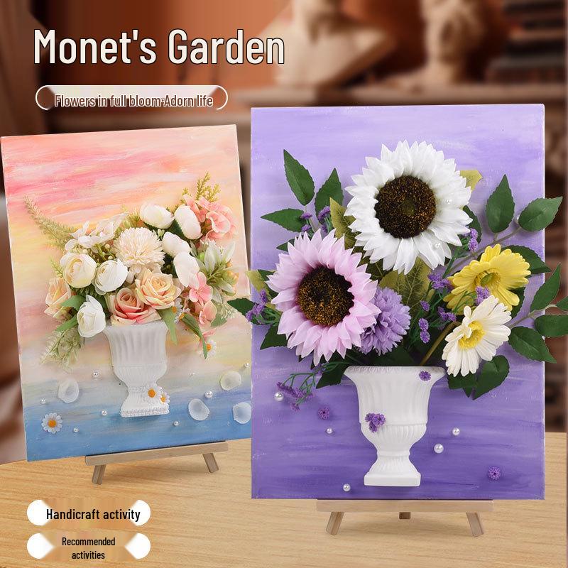 3D French Flower Arrangement DIY Kit: Monet’s Garden Oil Painting with Preserved Flowers & Plaster Ornaments - Ideal for Team Building Activities