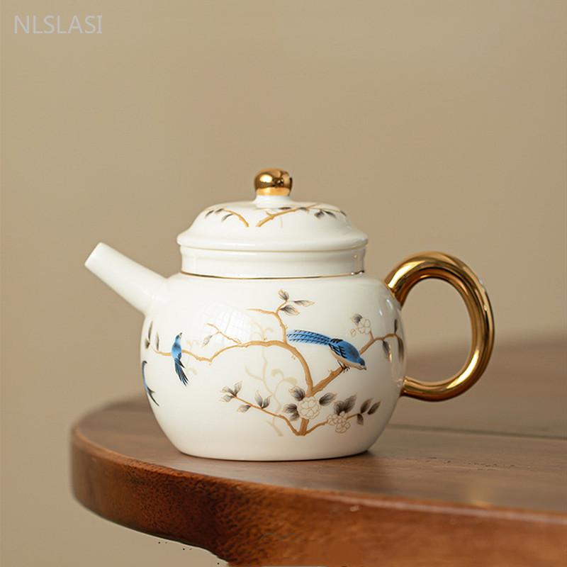 

Изысканный керамический чайник для заваривания чая объемом 150 мл с ручной росписью цветов и птиц, белый фарфоровый чайник, высококачественный фильтр с отверстием для заваривания чая