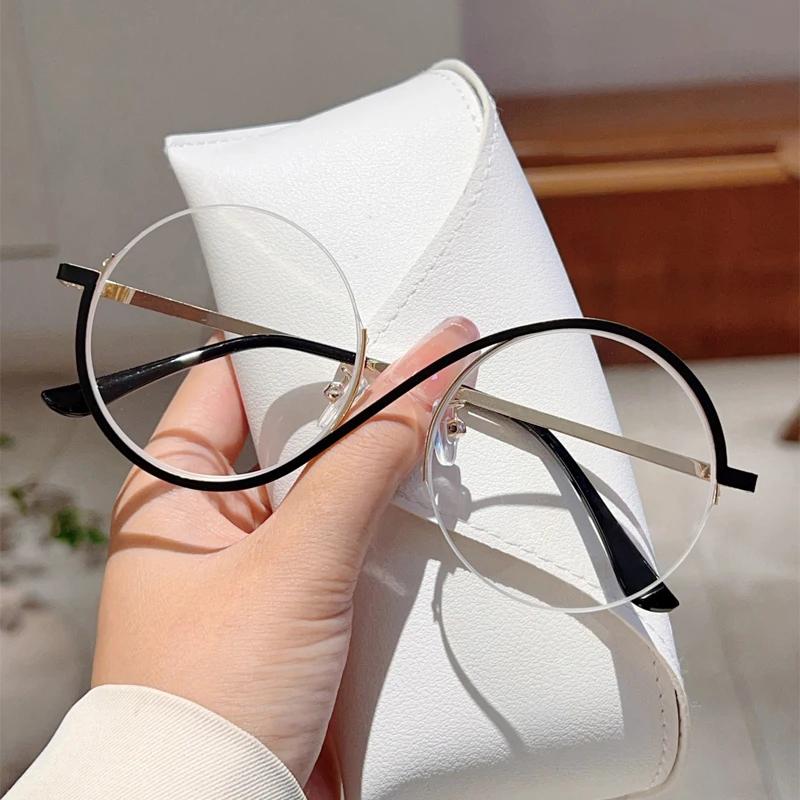Fashion Semi-Rimless Round Frame Women's Ins Brand Design Pink Glasses Blue Light Blocking Retro Metal Decor Eyewear