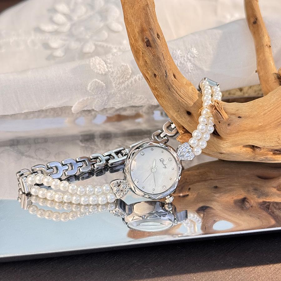 Ceas de mână brățară cu perle fine rafinate pe două rânduri, Ceas cu cuarț medieval de nișă francez de lux ușor