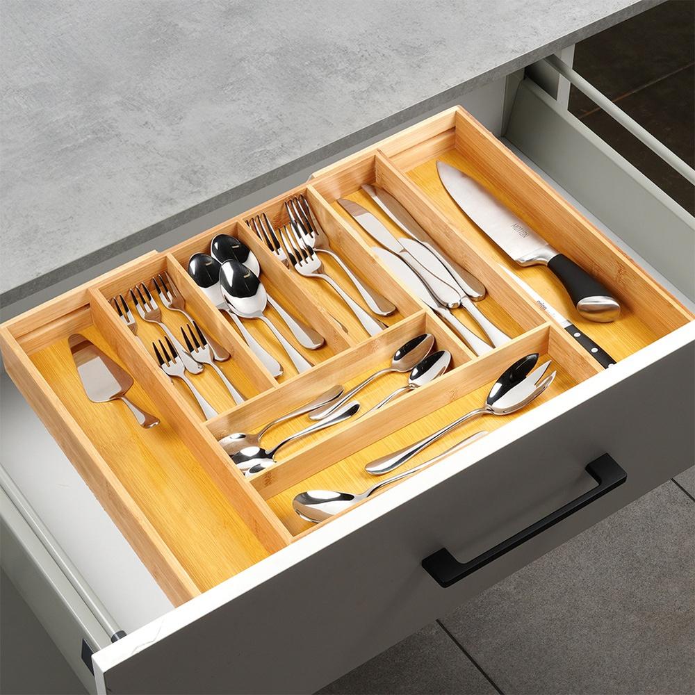 Bamboo Insert for Cutlery, Drawer Utensils, Extendable, Adjustable XXL