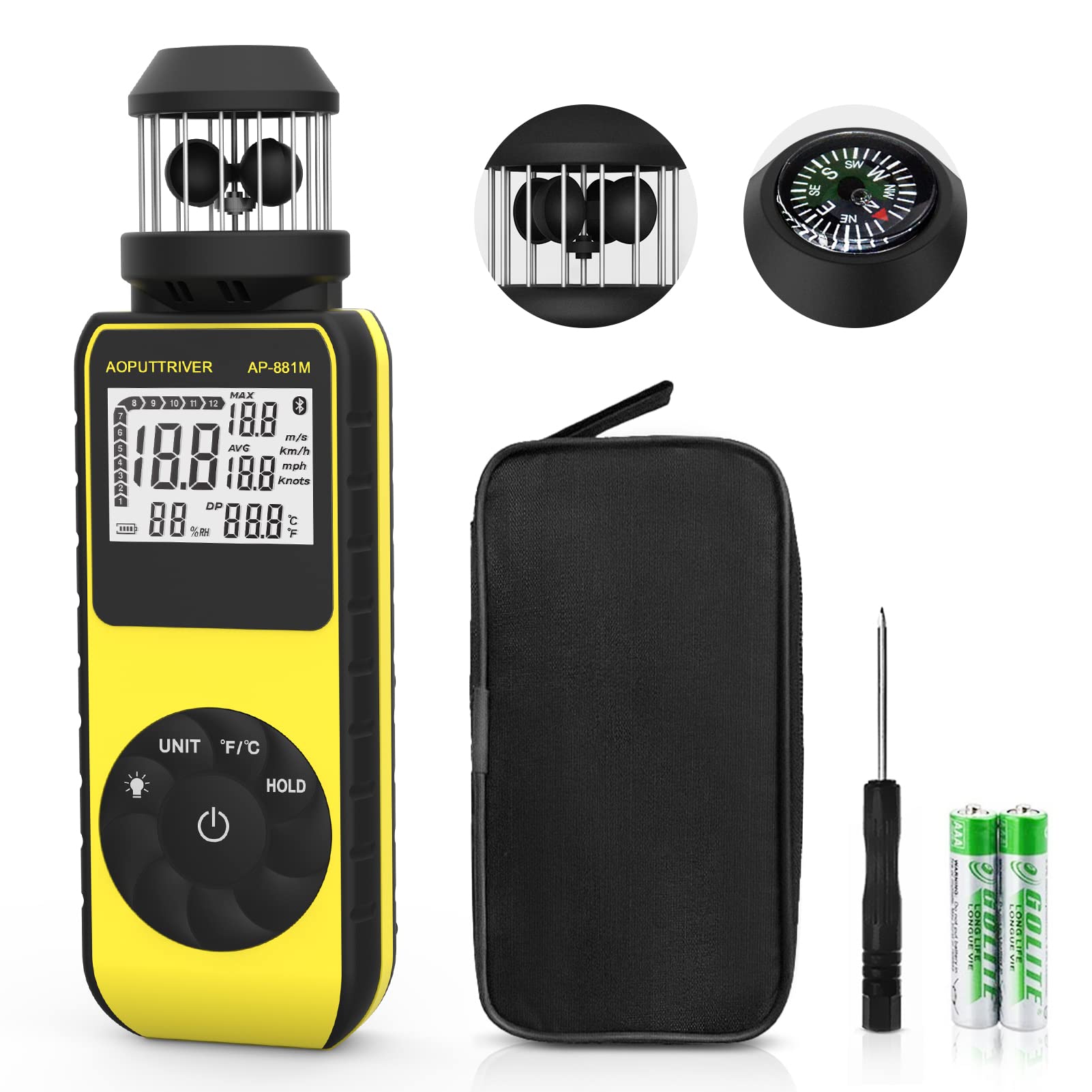 

Handheld Anemometer AP-881M with Compass, 360° Wind Direction, Temperature (°C/°F), for HVAC Vents, Boat Sailing, and Shooting - Includes Japanese Ins