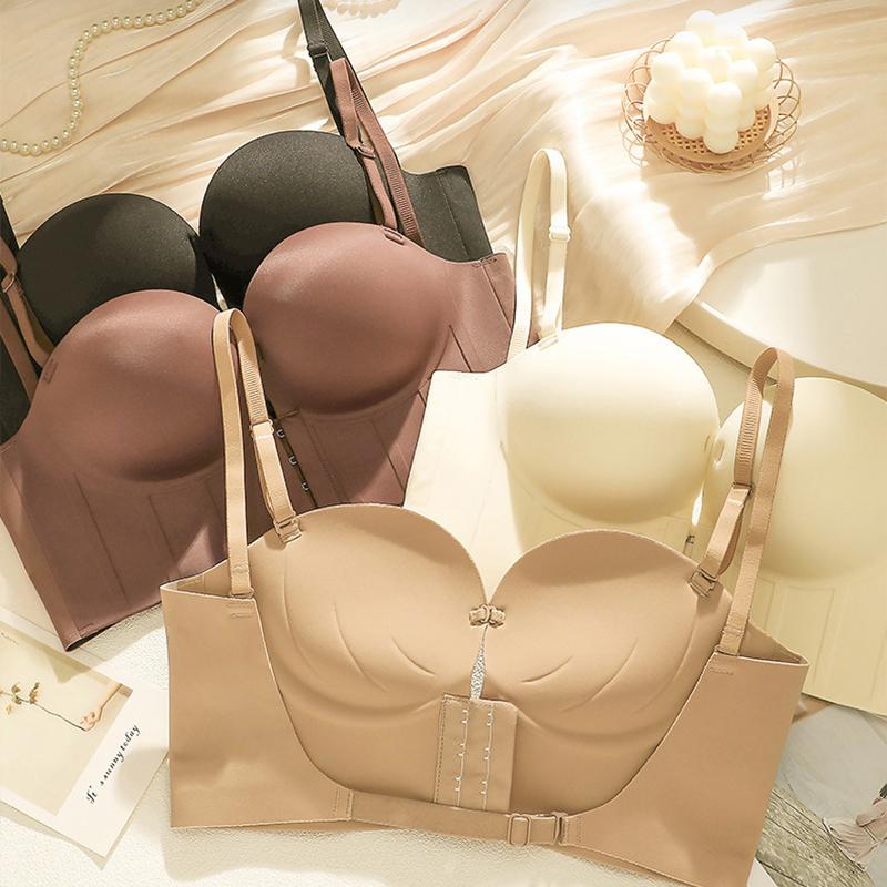 Front Closure Push Up Women's Bra Seamless Wireless Backless Bras Add Cup Thick Cup Brassiere Sexy Low Back Multiway Brassiere Gather Lingerie Female