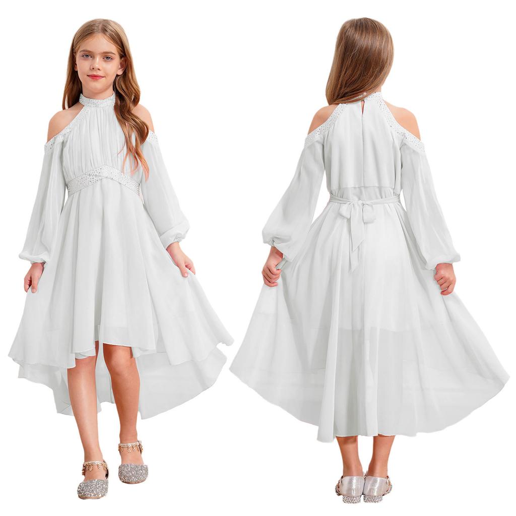 Children‘s High Waist Ruffled Dress Halter Off Shoulder Long Sleeve Irregular Hem Fake Diamond Embellished for Prom Wedding Party