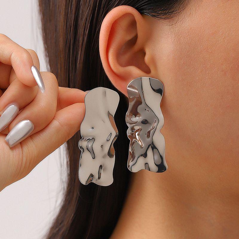 Europe and America Cross Border Retro Exaggerated Metal Lava Ruched Texture Stud Earrings Asymmetrical Geometric Earrings Earrings for Women