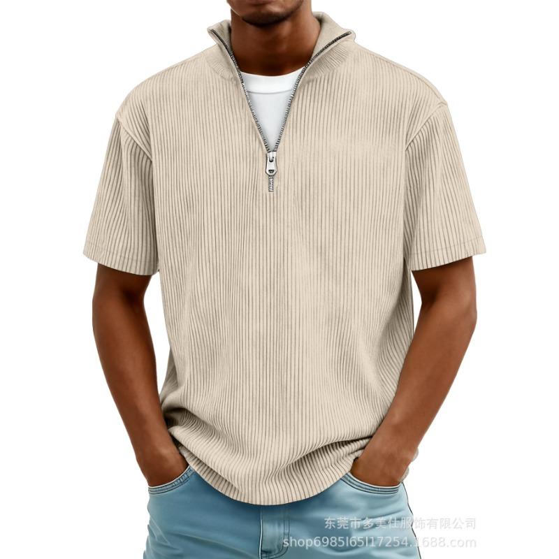 Herren Casual Einfarbiges T-Shirt mit halbem Reißverschluss, Stehkragen und kurzen Ärmeln