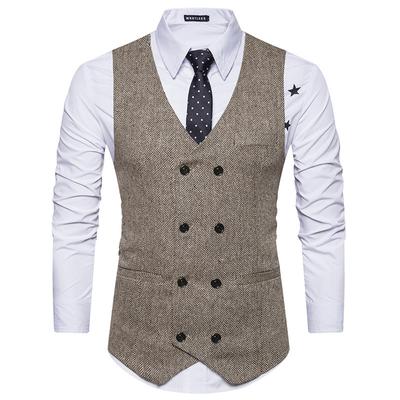New Men's Woolen Double Breasted Vest Retro Men's Formal Vest V-Neck Slim Fit