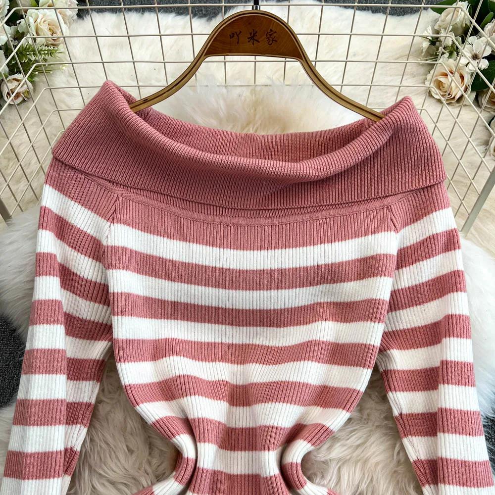 Off Shoulder Falda Sexy Mujer Slash Neck Striped Color-block Slim Knitted Bodycon Dress Autumn Wrapped Dresses ChicDresses