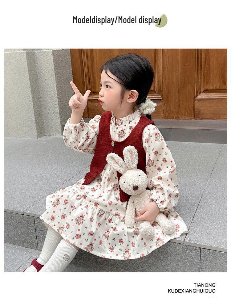 2025 Autumn Floral Dress & Sweater Vest Set for Girls – Fashionable Princess Outfit