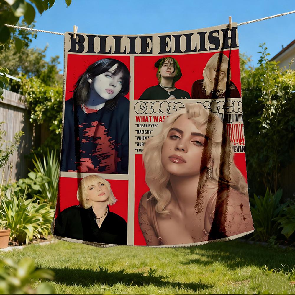 1pc Billie Eilish Outdoor Flannel Blanket, Cozy & Warm Soft Te Playful Design, Napping Camping,