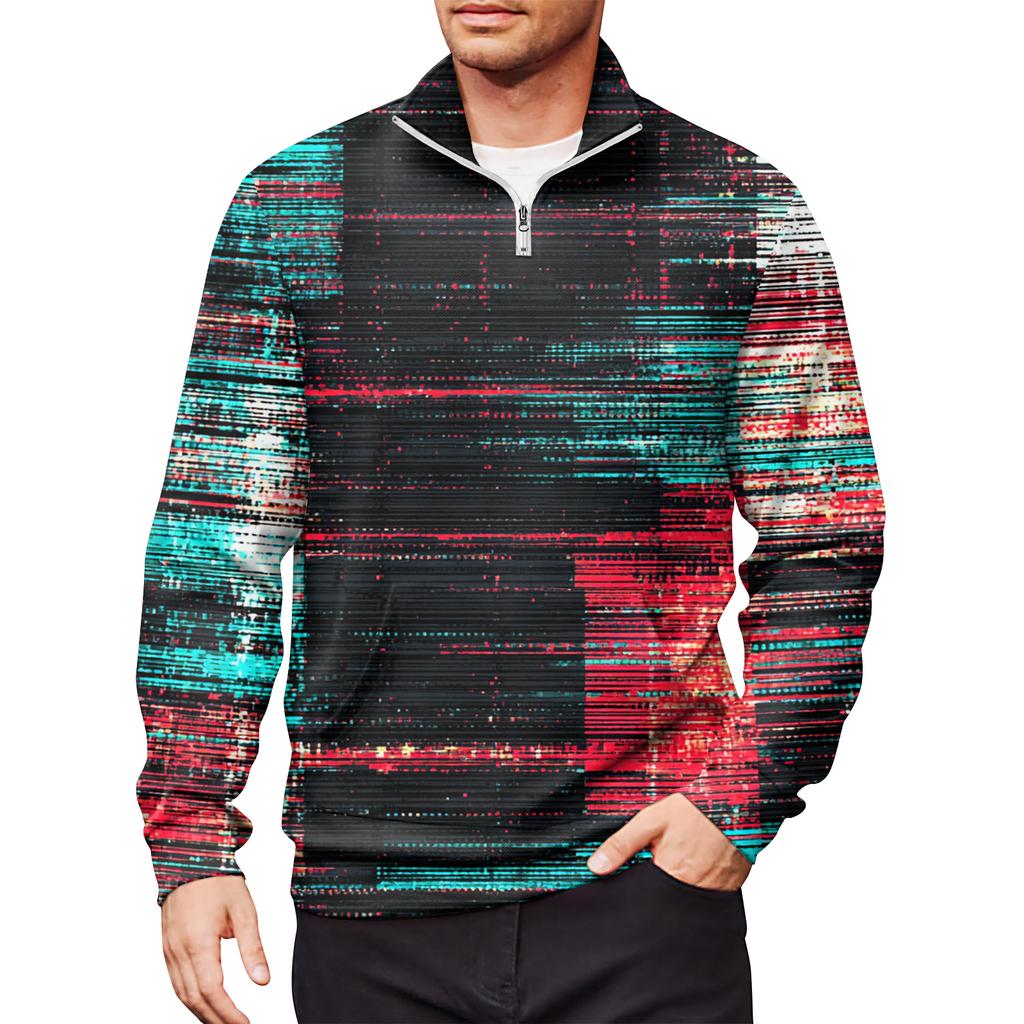 Men's Loose Casual 1/4 Zip Sweatshirt Fashion Printed Long Sleeve Top With Pockets