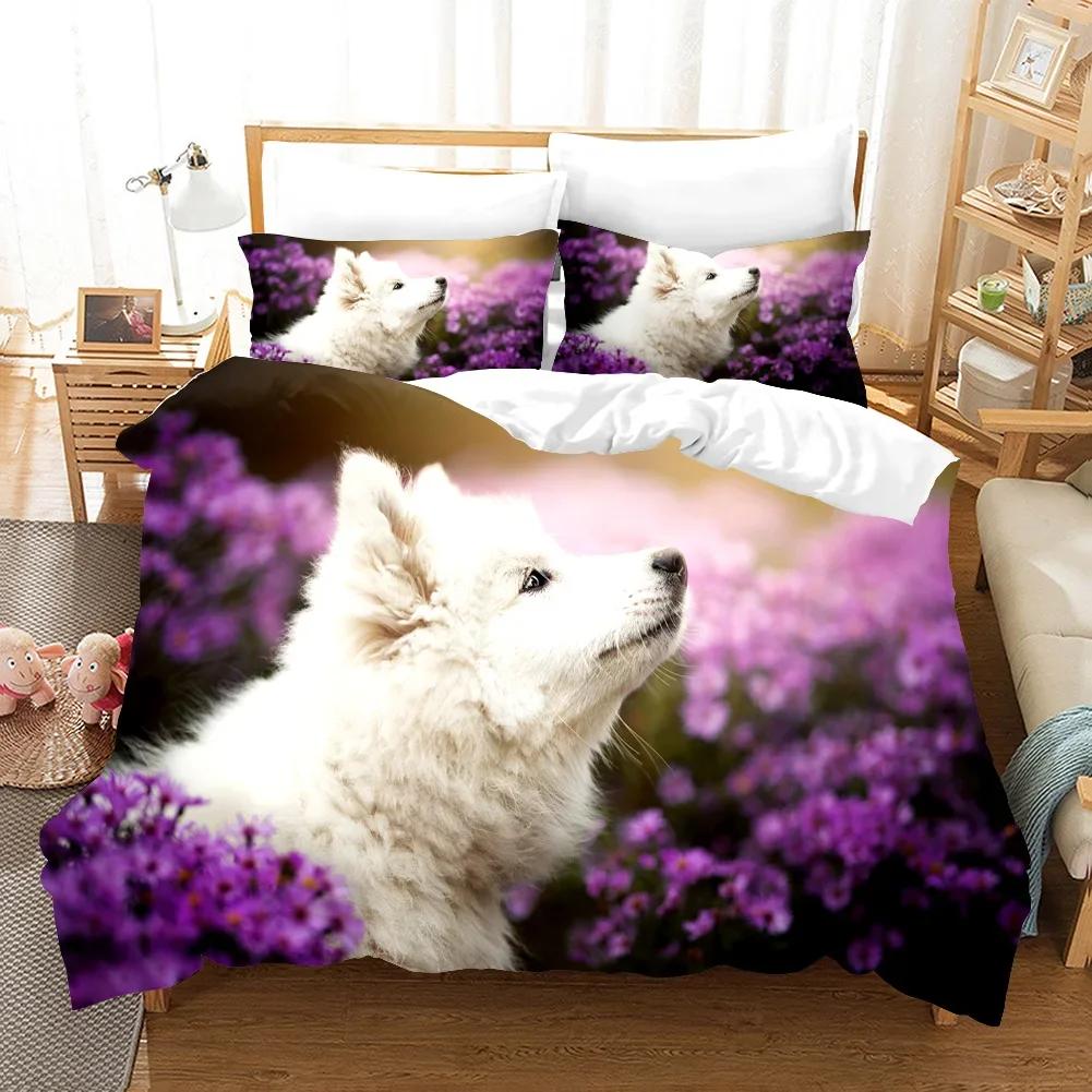 Samojedhund Påslakan King Queen Size Härligt Leende Husdjur Valp Sängkläder Set Vuxna Kvinnor Söt Vit Djur Polyester Täcke