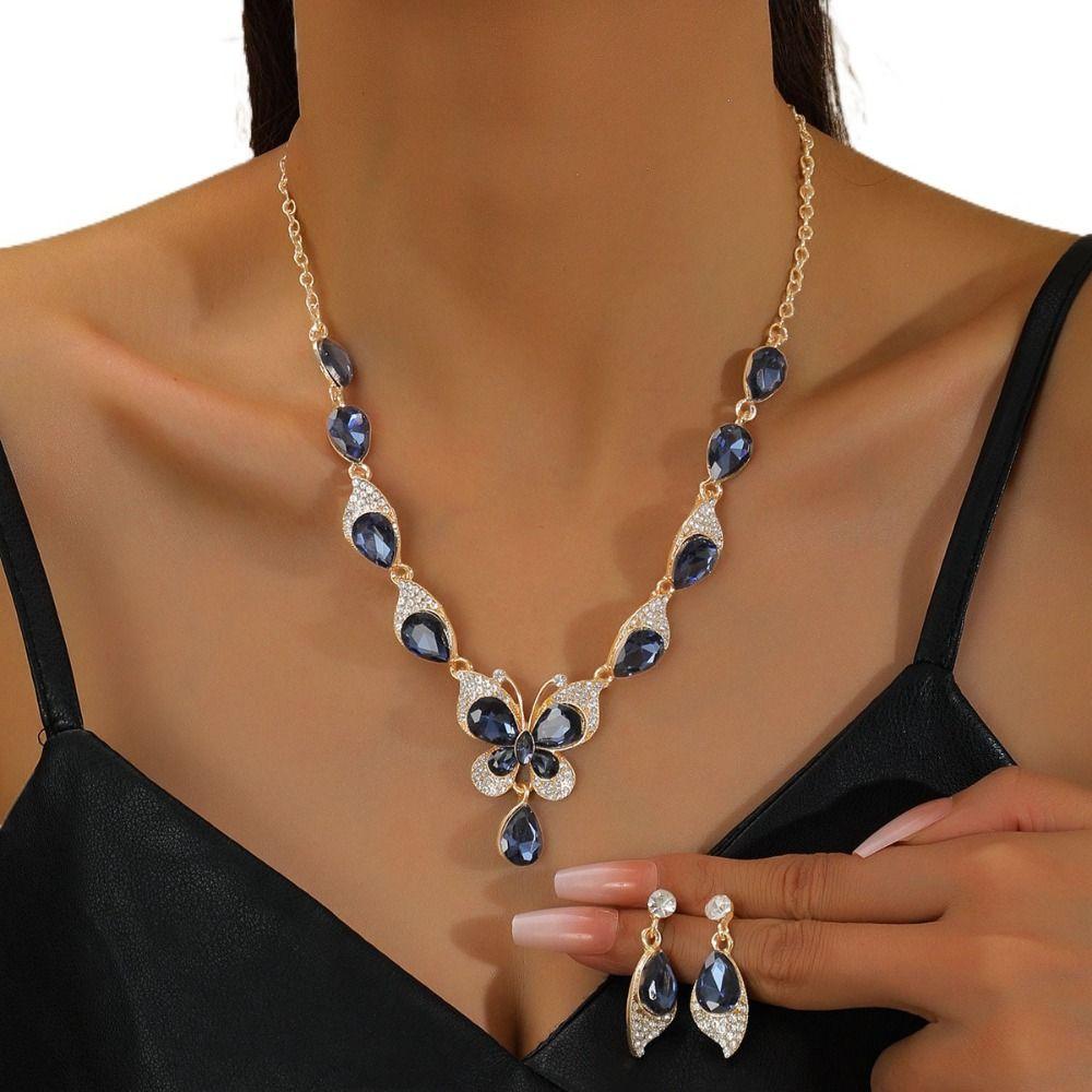 Bracelet Earrings Necklace Set Crystal Rhinestone Butterfly Jewelry Rhinestone Jewelry Set  Banquet