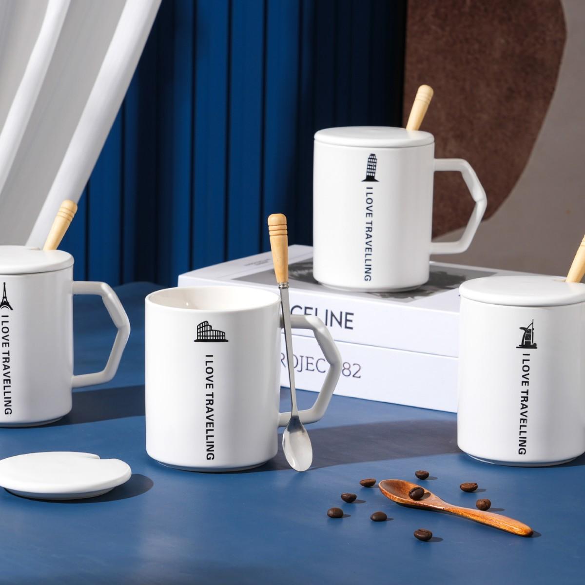 

Простой набор английских букв для домашнего обихода, керамическая чашка с крышкой и ложкой, креативная кружка, большая емкость, стакан для воды, небольшой подарок 420ML