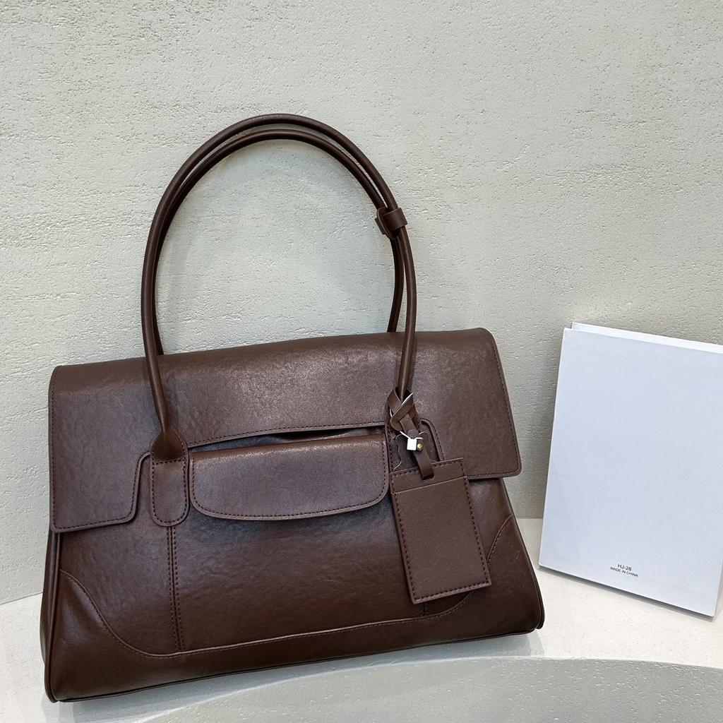 Niche Design Large Capacity Tote Document Handbag Shoulder First Layer Vegetable Tanned Cowhide Commuter Business