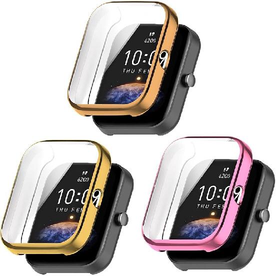 FitTurn Screen Protector Case for Amazfit Bip 3/Bip 3 Pro Watch TPU Slim Case Cover [Plating Metal Color Frame] [3D Full Coverage] Shell Protective