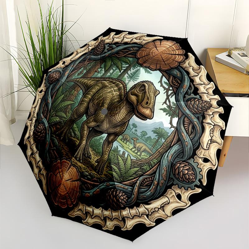 Prehistoric Dinosaur Forest Scene pattern umbrella, portable and foldable design, 8 ribs, a casual accessory for friend's birthday gifts.
