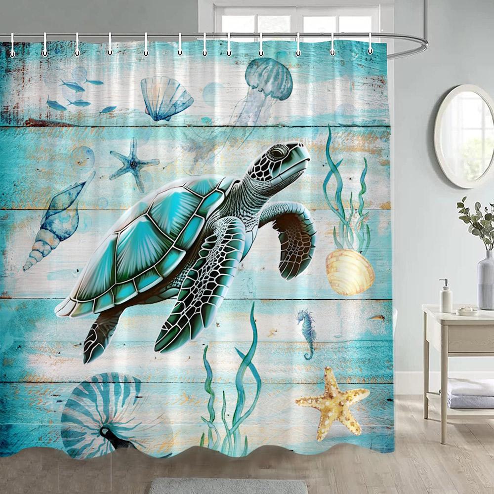 

Sea Turtle Shower Curtains Watercolour Ocean Animals Fish Coral Water Plants Underwater Scenery Home Bathroom Curtain Decor Set W60H190(CM)-1 Pcs