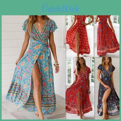 Elegantní Dámské Letní Boho Květinové Šaty Maxi s Krátkým Rukávem Na Dovolenou