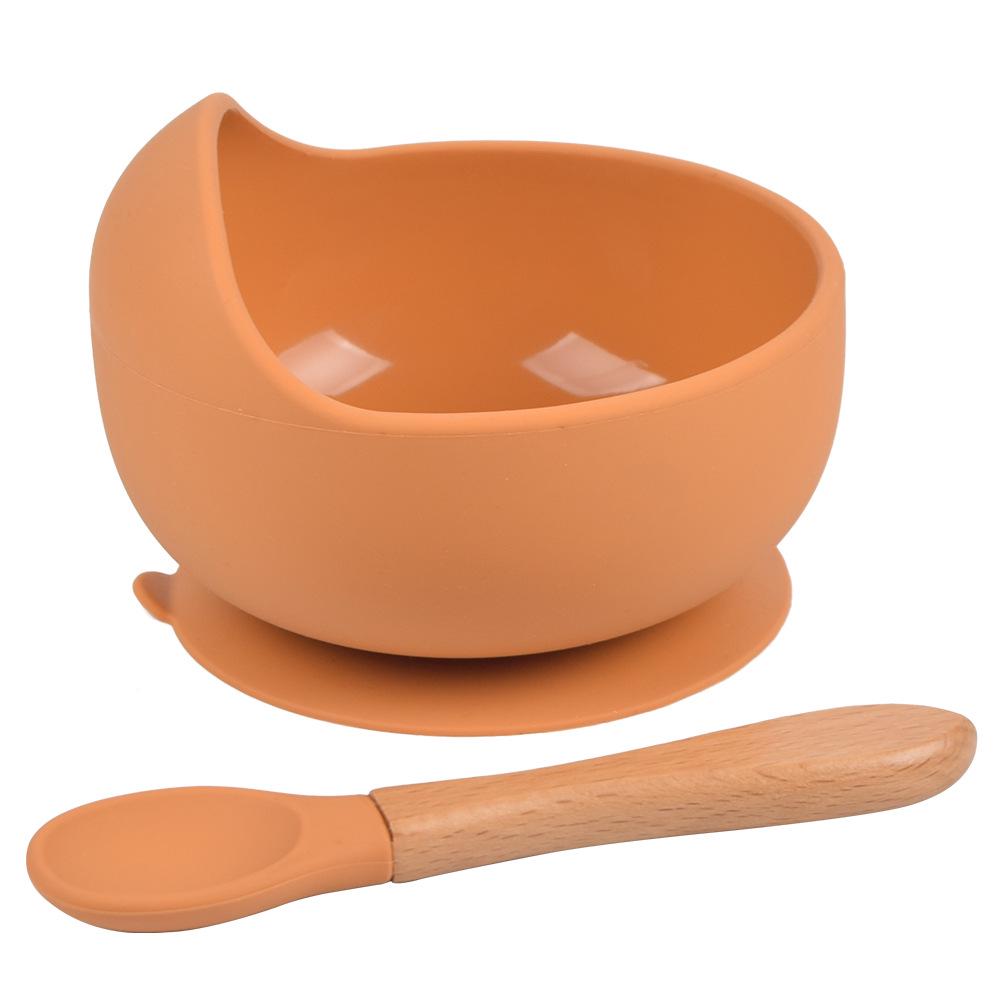 Silicone Baby Bowl & Spoon Set with Wooden Handle and Suction Cup