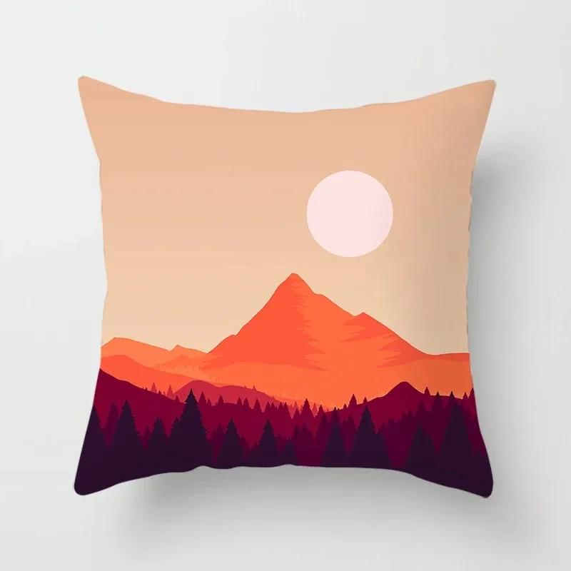 Luxury Home Decor Cushion Cover Cartoon Illustration Sunset Landscape Pattern Office Decor Pillow Cover