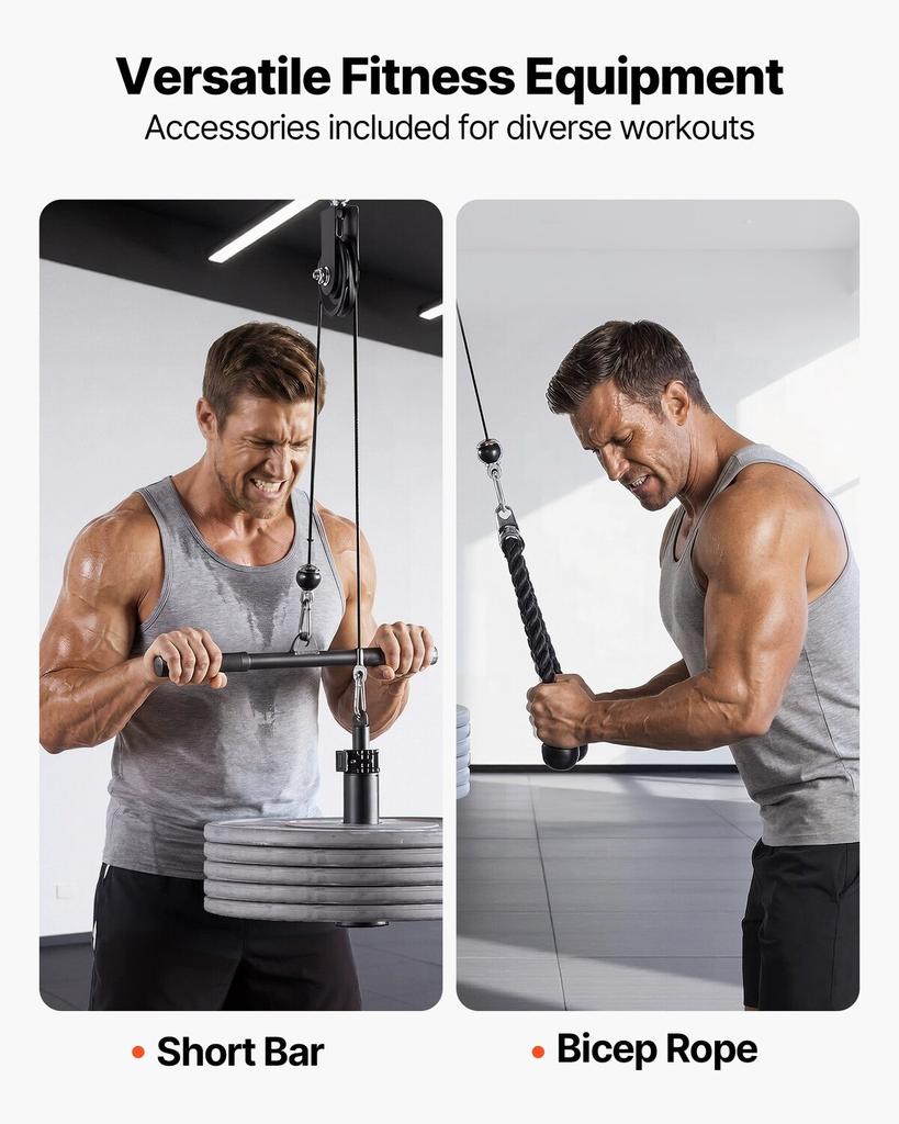 Pulley System, 1 PC LAT and Lift Pulley System, Gym Rack Pulleys Attachment with two Steel Cables, Short Bar, Dual Grip Handles, Cable Machine for