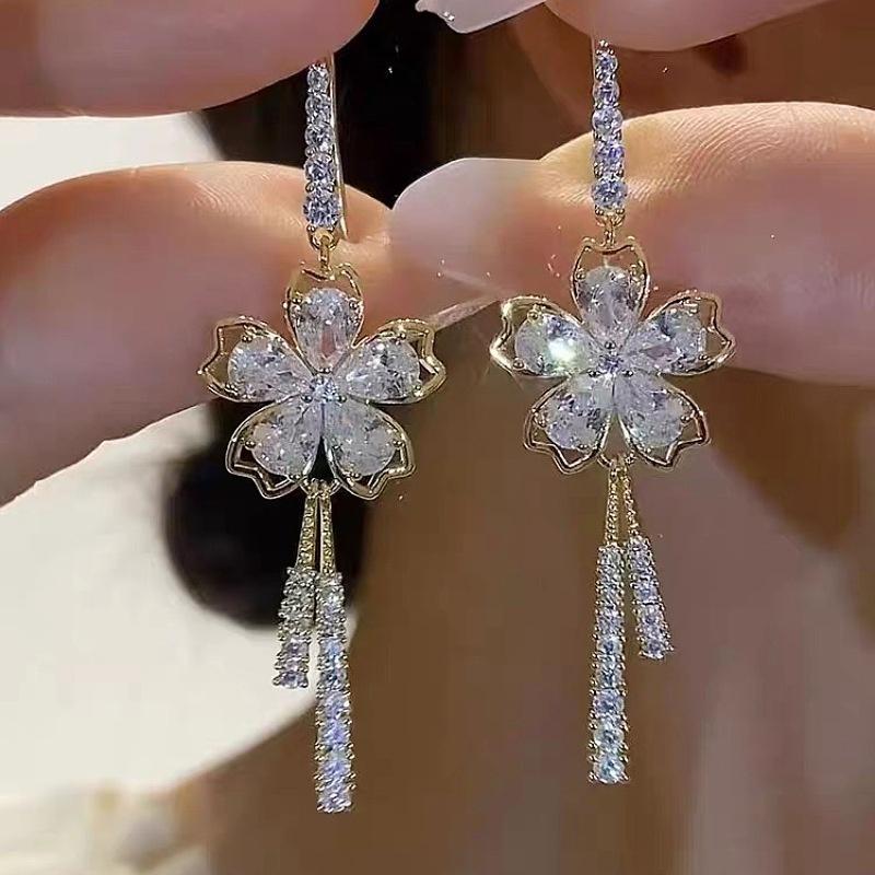 Ins Style Alloy Earrings With Chic Floral Crystal Tassels Grey Color