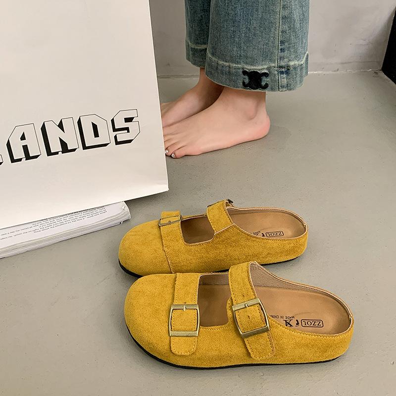 2025 весна новая круглая голова плоская подошва один ремешок низкий каблук мягкая кожа матовая толстая подошва ленивые полушлепанцы boken женская обувь
