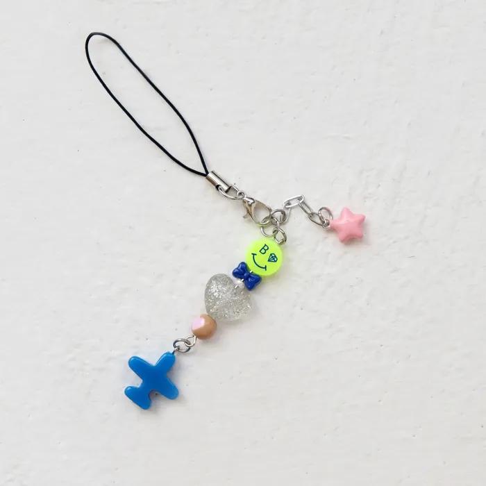 Acrylic Smile & Airplane Phone Charm Strap Beaded Mobile Phone Keyring