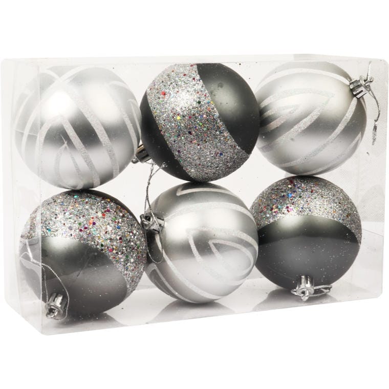 Set of 6 Graphite Plastic Baubles with a Diameter of 8 Cm