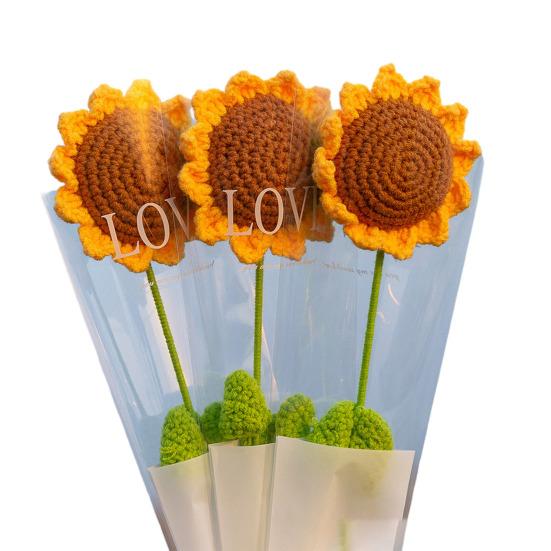 10Pcs Crochet Sunflower with Leaves Handmade Knitting Yarn Flower Decoration Home Office Table Centerpiece Mother's Day Birthday Christmas Gift