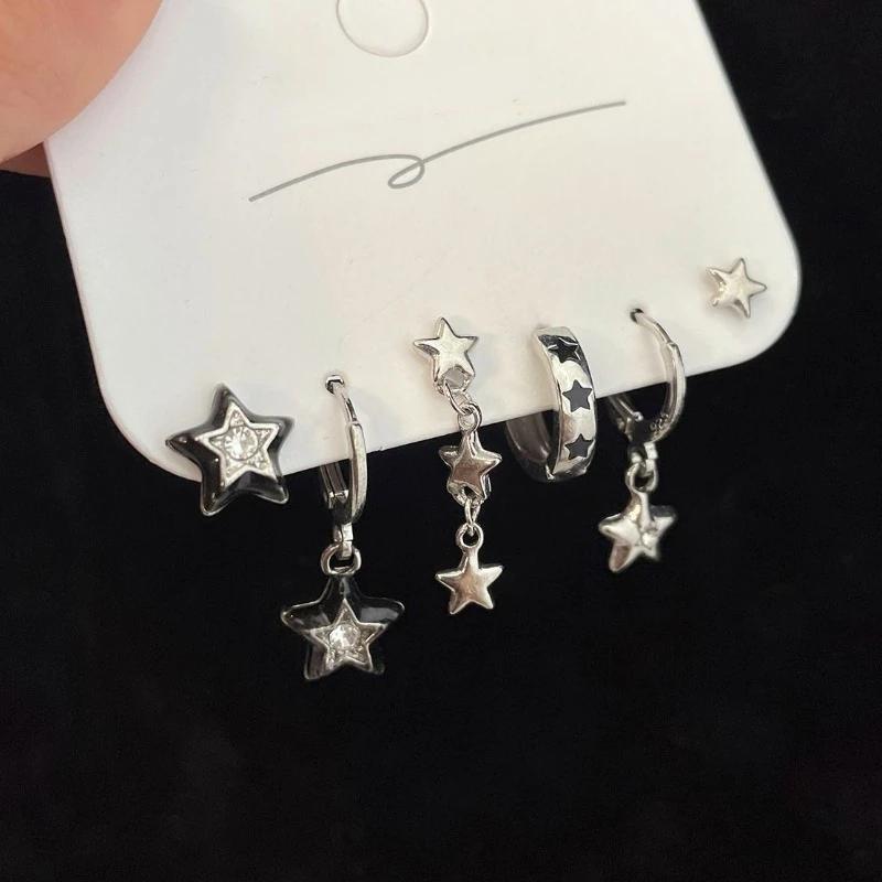 6pcs Set Earring Silver Color Star Dangle Earrings Vintage Metal Geometric Drop Earring for Women Fashion Trendy Y2K Jewelry
