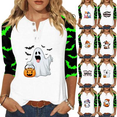 Women's T Shirt Halloween Print Button 3/4 Sleeve Daily Weekend Fashion Basic V- Neck Regular Top
