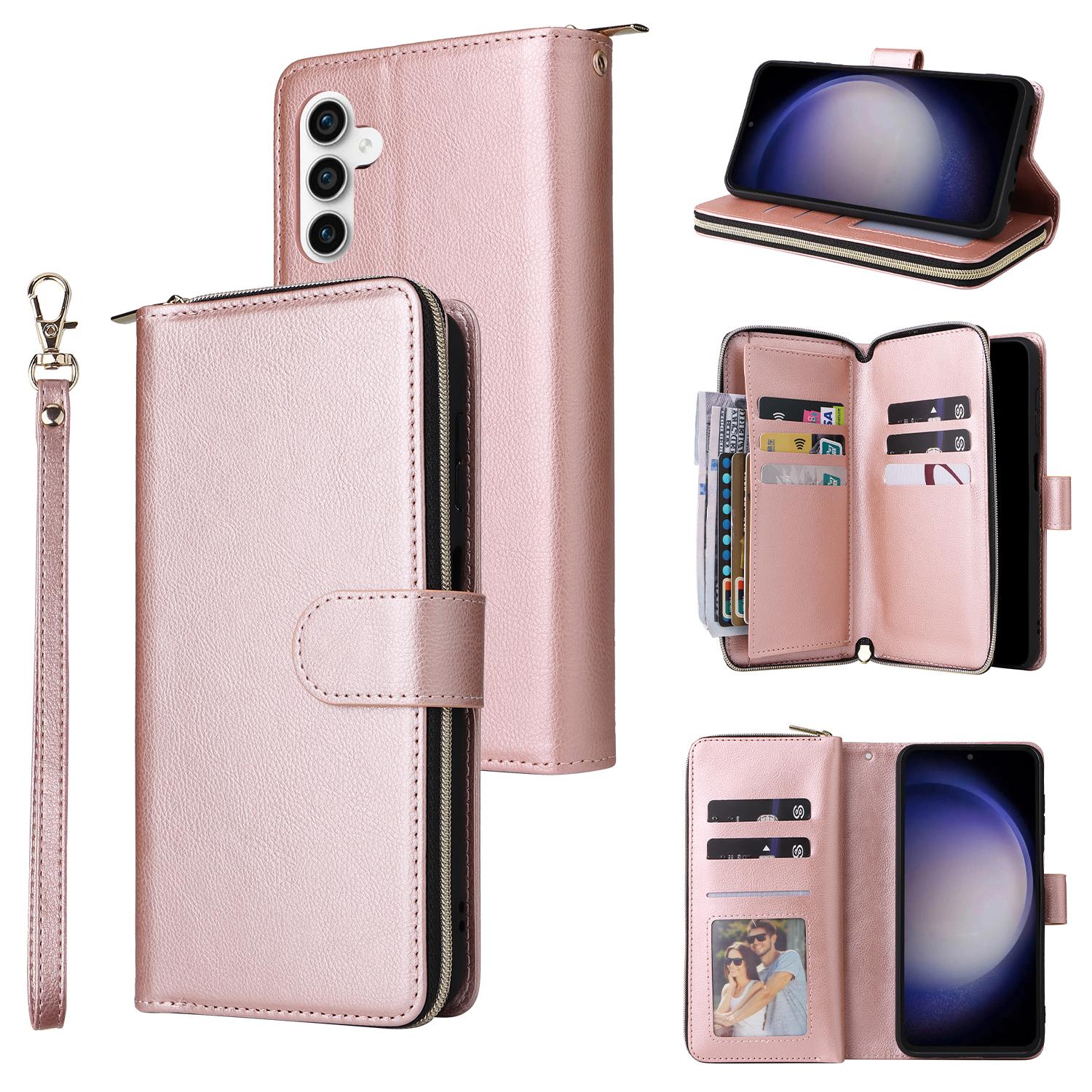 

For Samsung Galaxy S25 FE Case Zipper Pocket PU Leather Phone Cover with Hand Strap Rose Gold