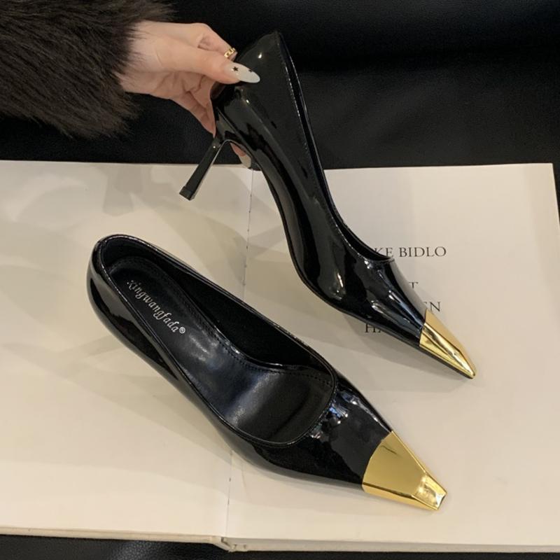 

Fashion SUOJIALUN Spring New Brand Women Pumps Shoes Fashion Metal Pointed Toe Slip On Ladies Elegant Single Shoes Thin High Heel Pumps 40