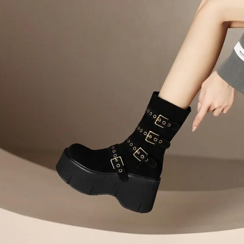 Shoes for Women New Pin Buckle Design Women's Boots Comfortable Wedge Platform Goth Shoes Winter Stylish Zipper Short Boots