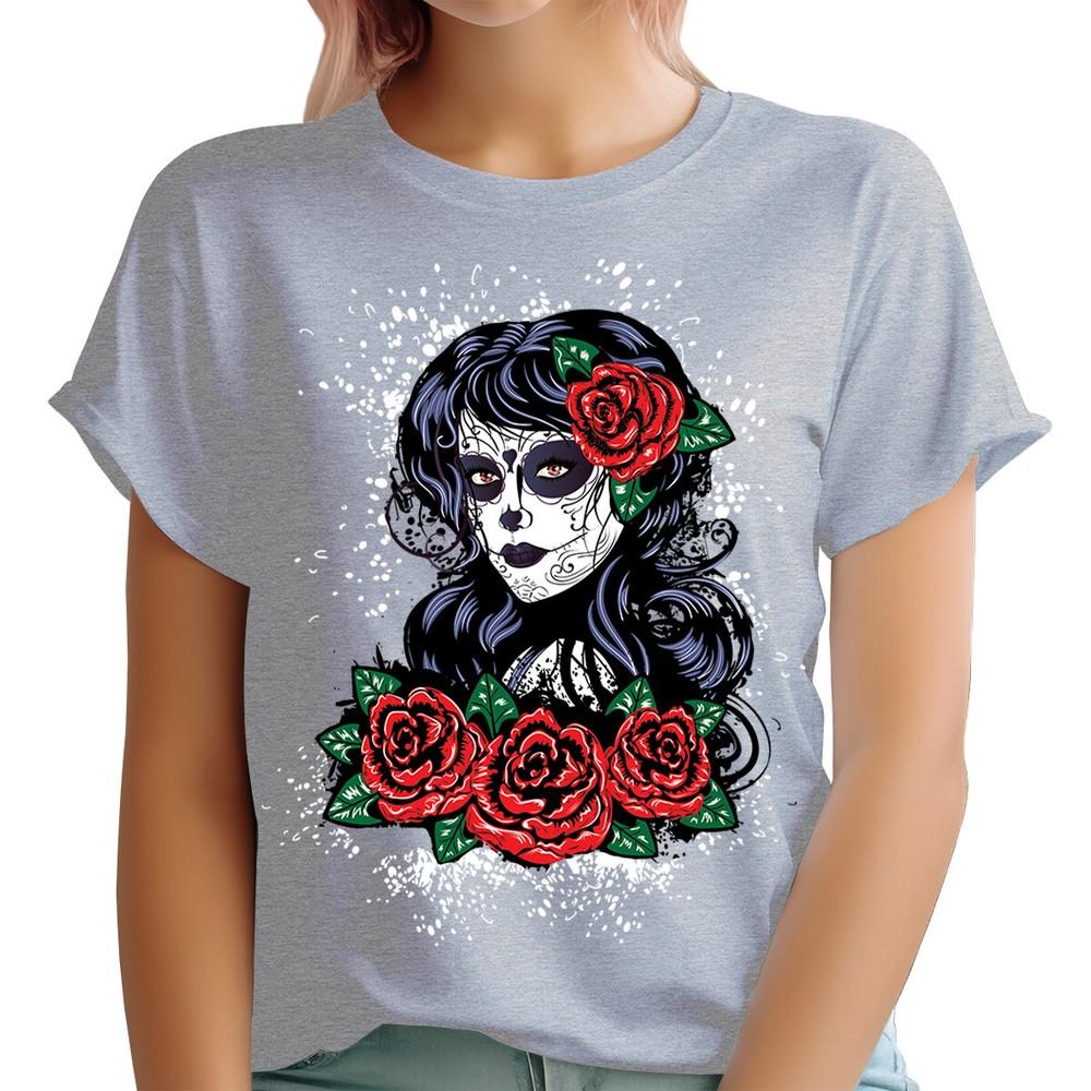 Day Of The Dead Sugar Skull TShirt Gothic Style Black Dress With Roses DT2382