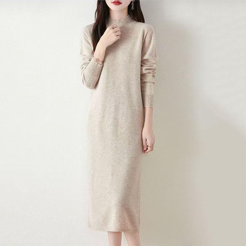 Women's Wool Knit Sweater Dress - Half High Neck, Over Knee, Loose Mid-Length Pullover for Autumn/Winter