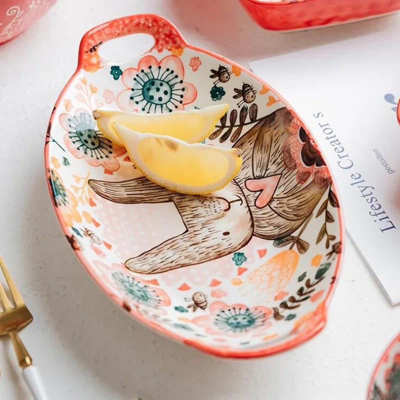 1pc Hand-painted Cute Rabbit and Plate Underglaze Ceramic Household Soup Commercial Noodle Bowl Tableware