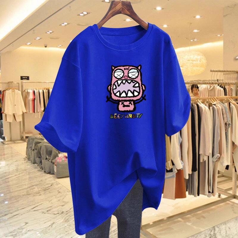 Women's Retro Cartoon Print Loose T-Shirt - Mid-Length, Round Neck, Short Sleeve, Oversized Summer Top