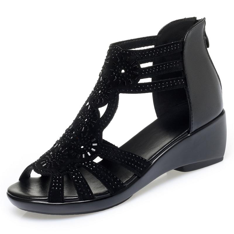 3.5cm Plus Size 35-43 Comfortable Genuine Leather Sandals Platform Shoes 2025 Med Block Heels Gladiator Sandals Office Mom