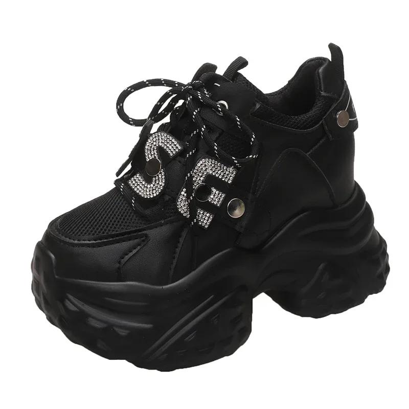 Fashion 10CM Women Platform Leather Sneakers Autumn Sports Dad Shoes High Top Chunky Casual Shoes Woman Thick Bottom Bling White Shoes