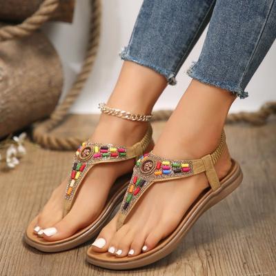 Women's Sandals New Retro Casual Roman Flat Non-slip Fashion Beaded Ethnic Style Large Size Flip-flops Beach Shoes