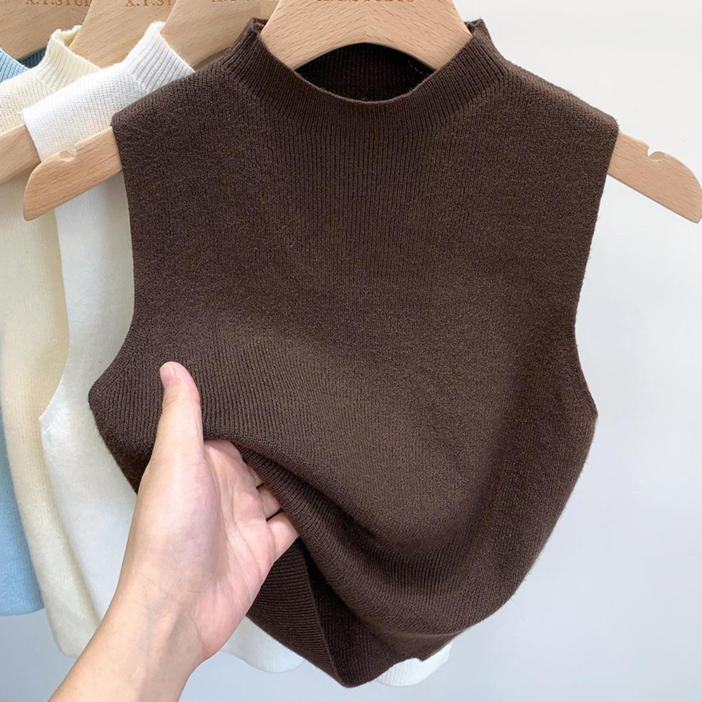 Women's Vest Tank Solid Color Knitted Tees Cropped Camisole Sweater Half-turtleneck Spring Autumn Sleeveless