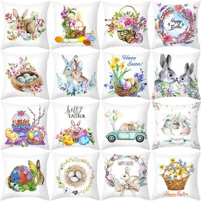 Kissenbezug „Frohe Ostern“, Motiv: Hase und Ei, für Zuhause, Frühling, Blumendruck