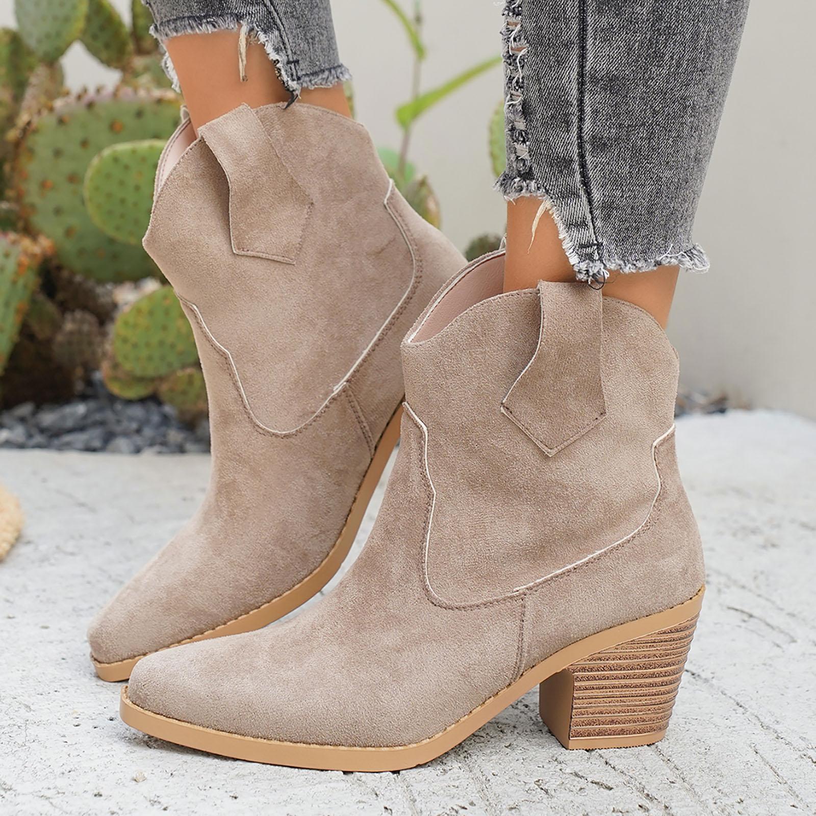 Women s Chunky Heel Pointed Toe Low Top Ankle Boots Fashionable Western Cowboy Short Ankle Boots Womens Dog Boots 36