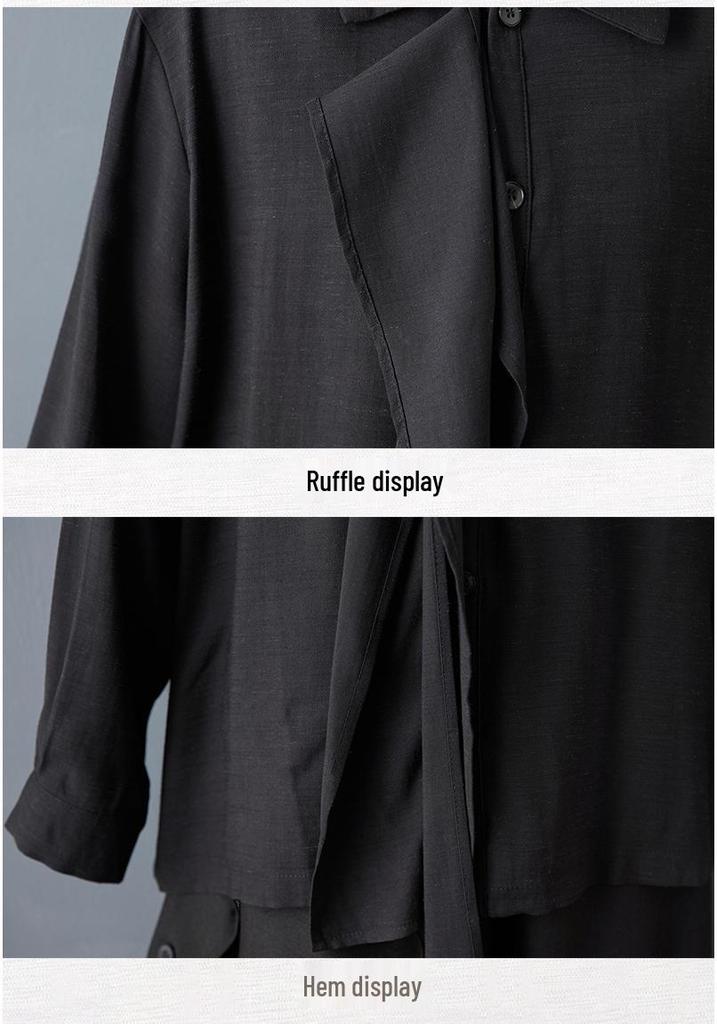 Spring Dark Style Niche Design: Loose Lapel Sashes Shirt & Wide Leg Pants Set