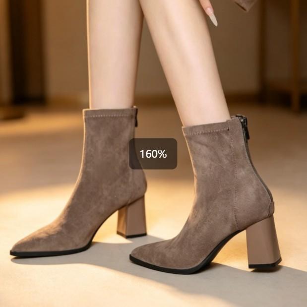 Simple pointed suede ankle boots rear zipper square thick heel slim fit thin workplace dating autumn and winter women's short boots